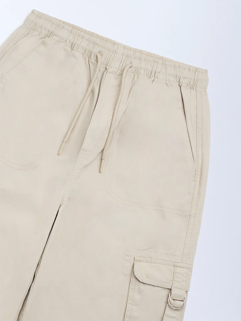 Y&F Kids Girls Beige Cargo-Style High-Rise Cotton Pants - Image 4