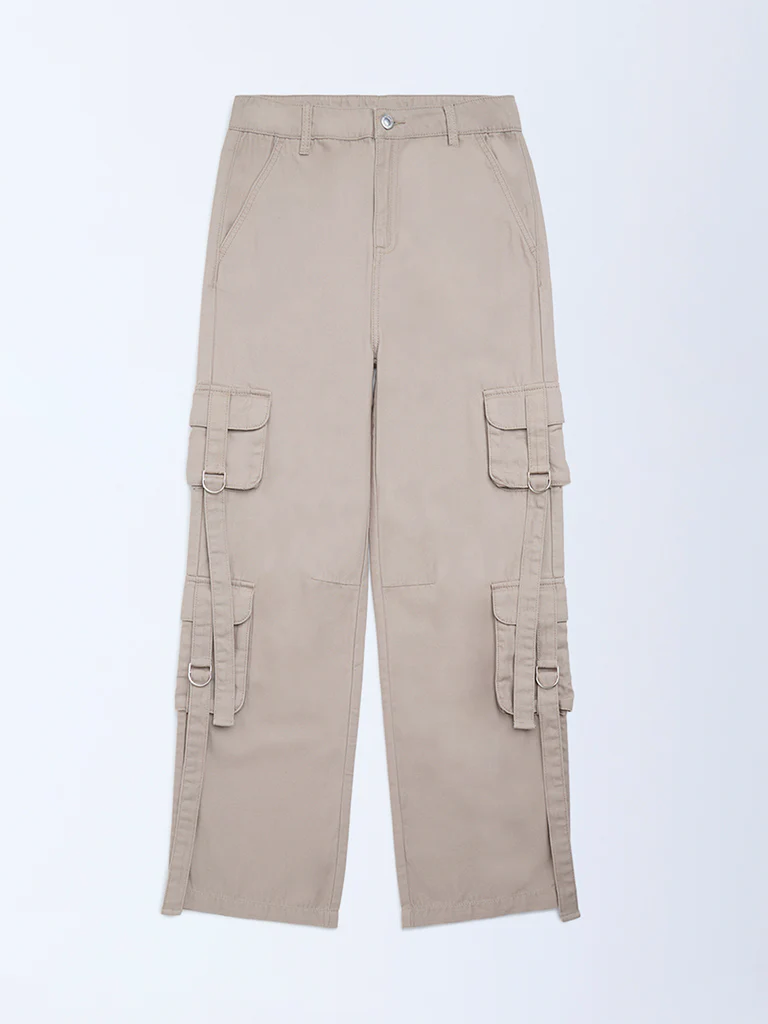 Y&F Kids Girls Beige Cargo-Style High-Rise Cotton Trousers