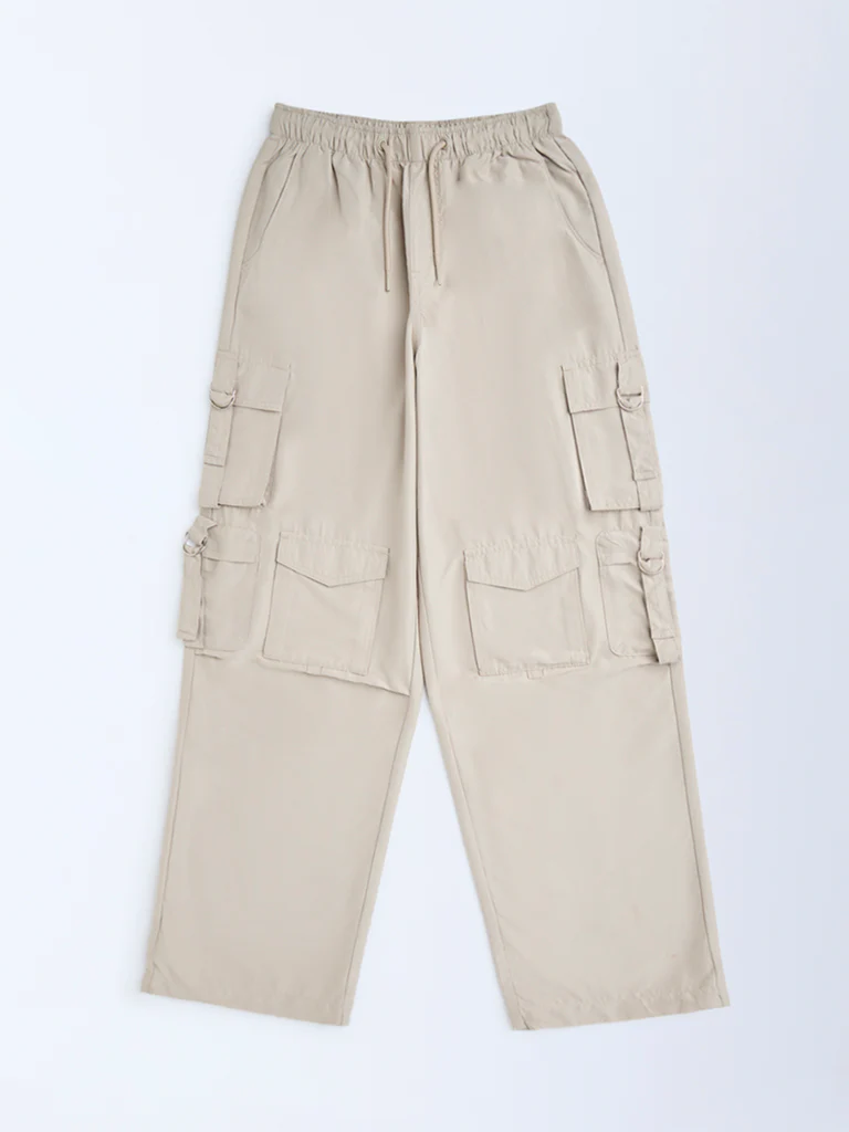 Y&F Kids Girls Beige Cargo-Style Mid-Rise Joggers