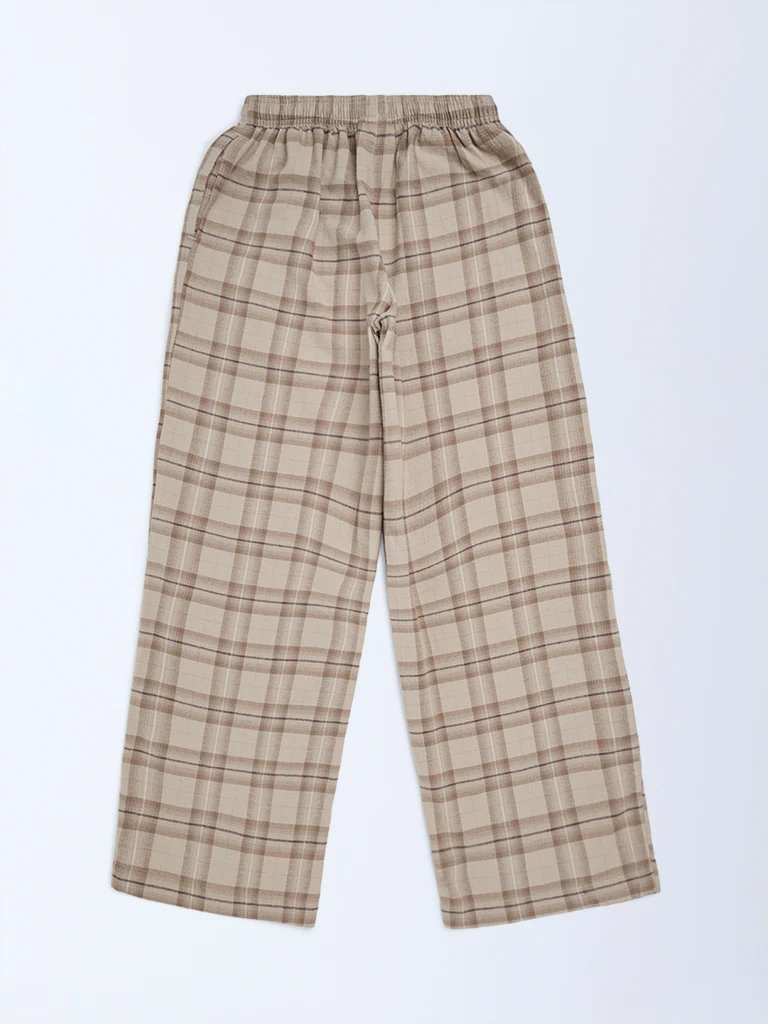 Y&F Kids Girls Beige Check Pattern High-Rise Cotton Pyjamas - Image 2