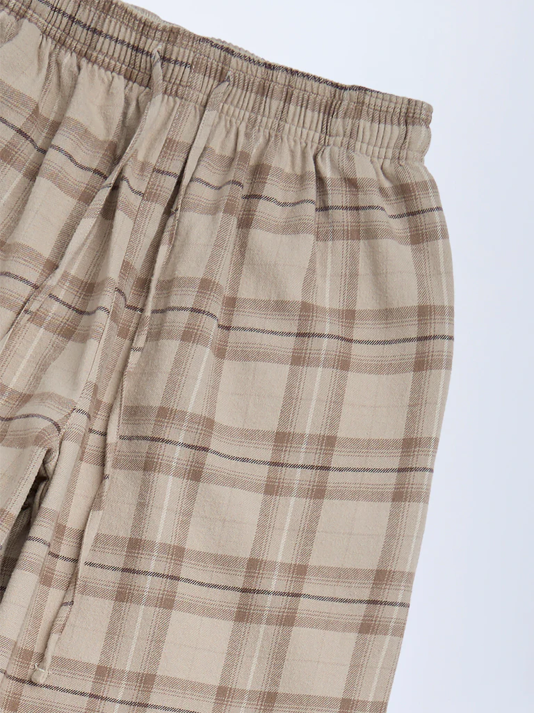 Y&F Kids Girls Beige Check Pattern High-Rise Cotton Pyjamas - Image 3