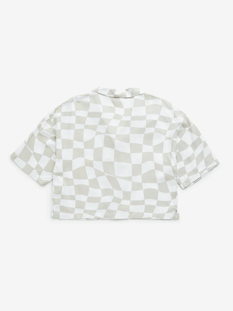Y&F Kids Girls Beige Checkered Print Cotton Cropped Shirt - Image 3