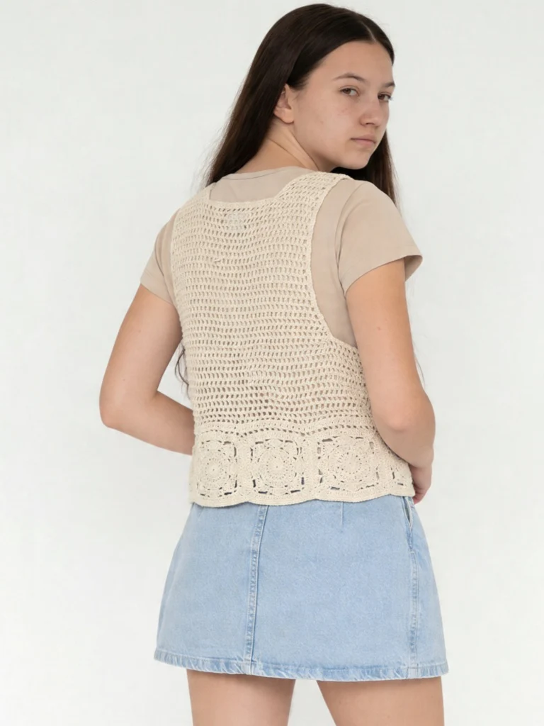 Y&F Kids Girls Beige Crochet Design Cotton-Blend Waistcoat with T-Shirt Set - Image 2