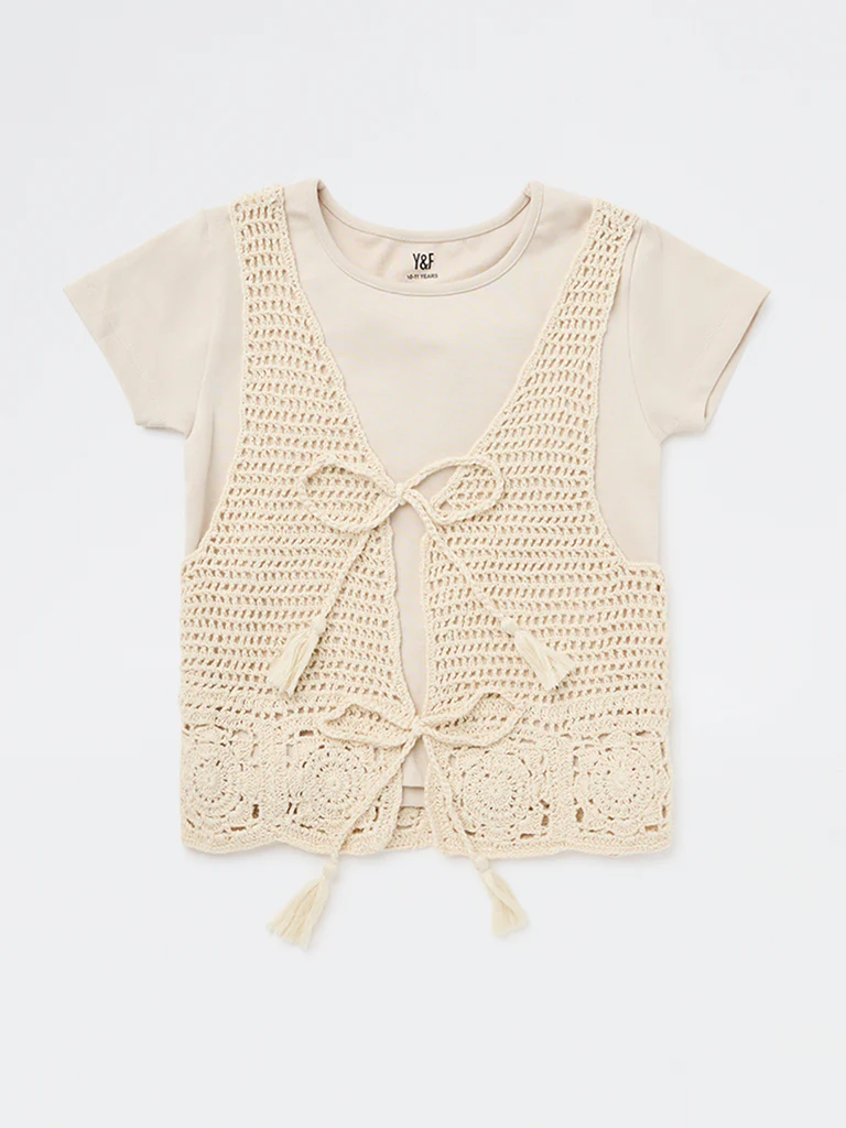 Y&F Kids Girls Beige Crochet Design Cotton-Blend Waistcoat with T-Shirt Set - Image 3