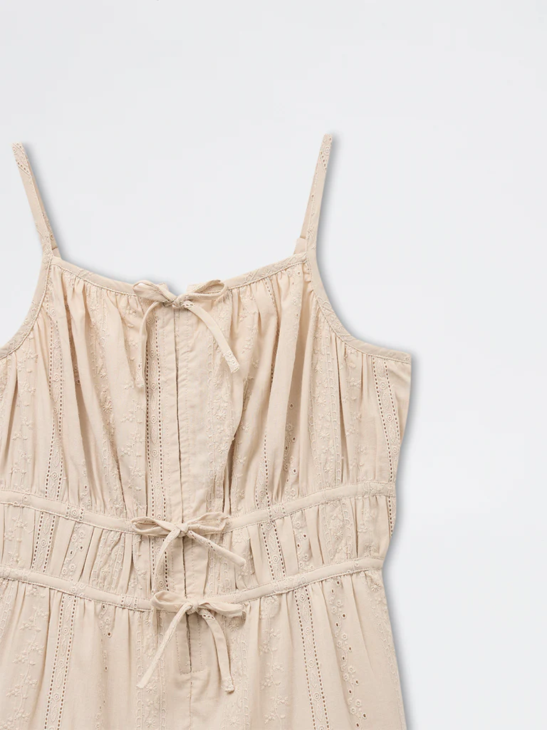 Y&F Kids Girls Beige Embroidered Tiered Cotton Dress - Image 3