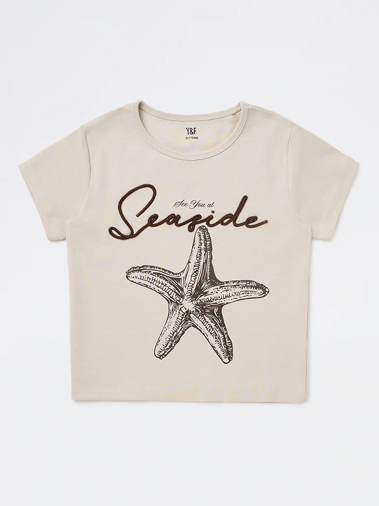 Y&F Kids Girls Beige Printed Cotton-Blend T-Shirt - Image 4