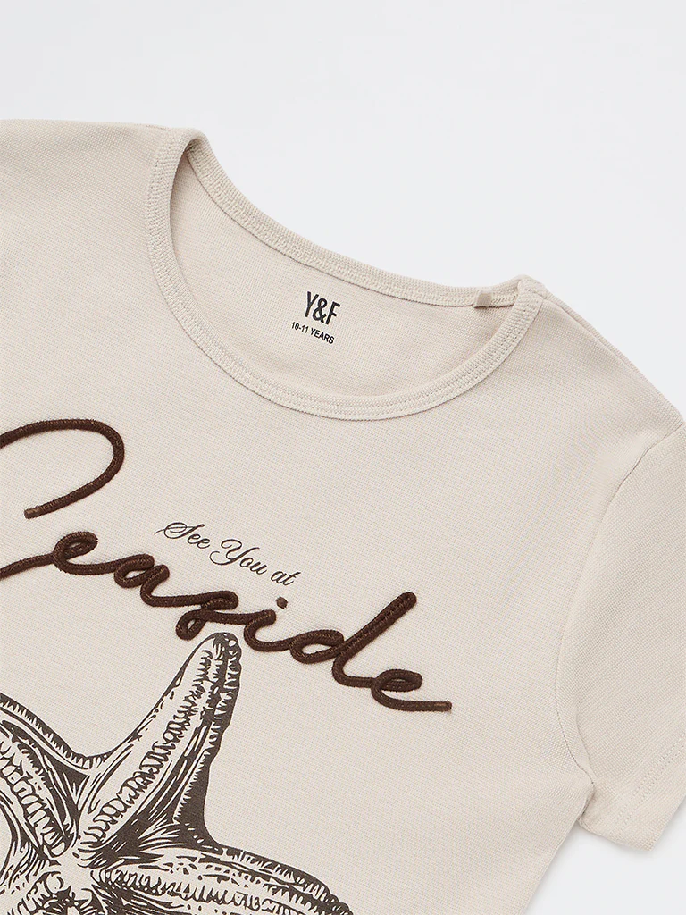 Y&F Kids Girls Beige Printed Cotton-Blend T-Shirt - Image 6
