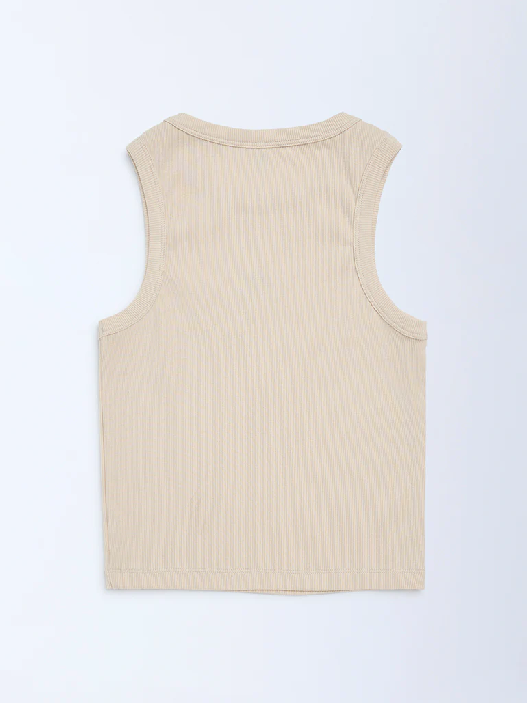 Y&F Kids Girls Beige Ribbed-Textured Cotton-Blend Tank Top - Image 2