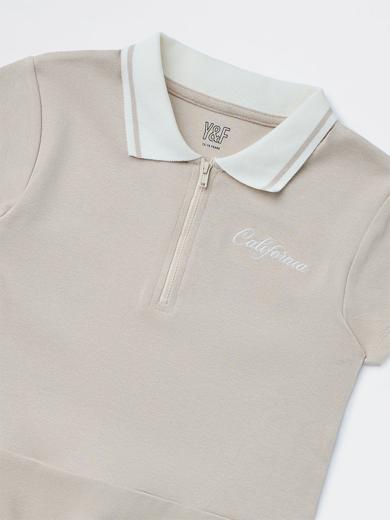 Y&F Kids Girls Beige Text Design Cotton-Blend Tennis Dress - Image 4