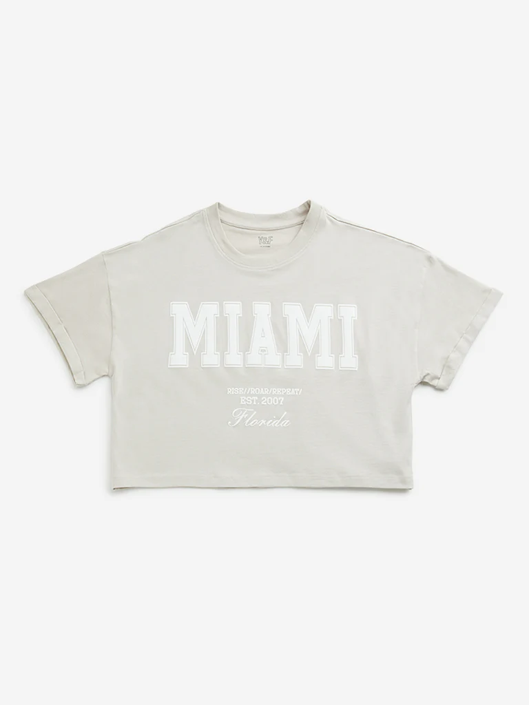 Y&F Kids Girls Beige Text Design Cotton Crop T-Shirt