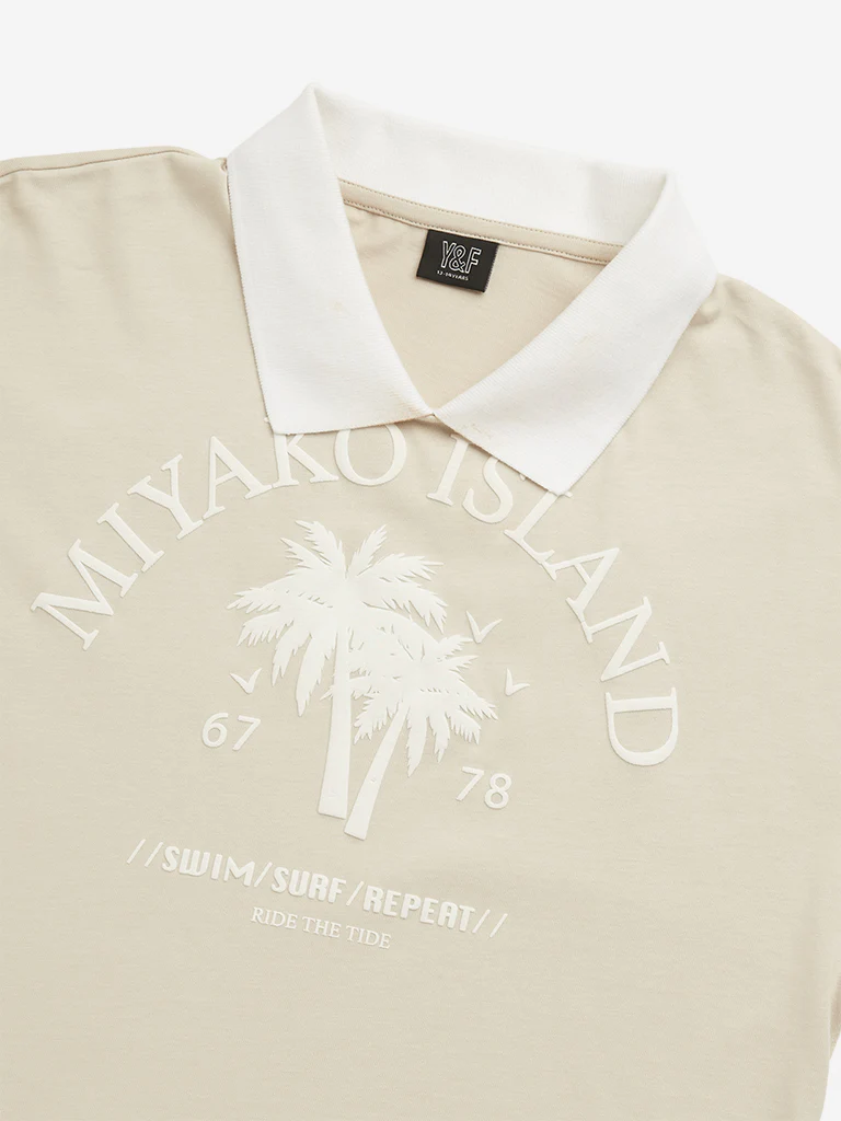Y&F Kids Girls Beige Text Design Polo Crop Cotton T-Shirt - Image 4