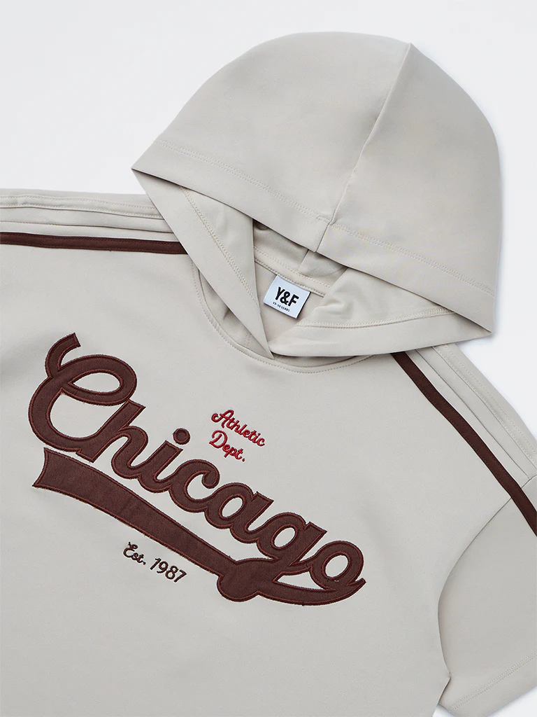 Y&F Kids Girls Beige Text-Printed Hoodie - Image 4