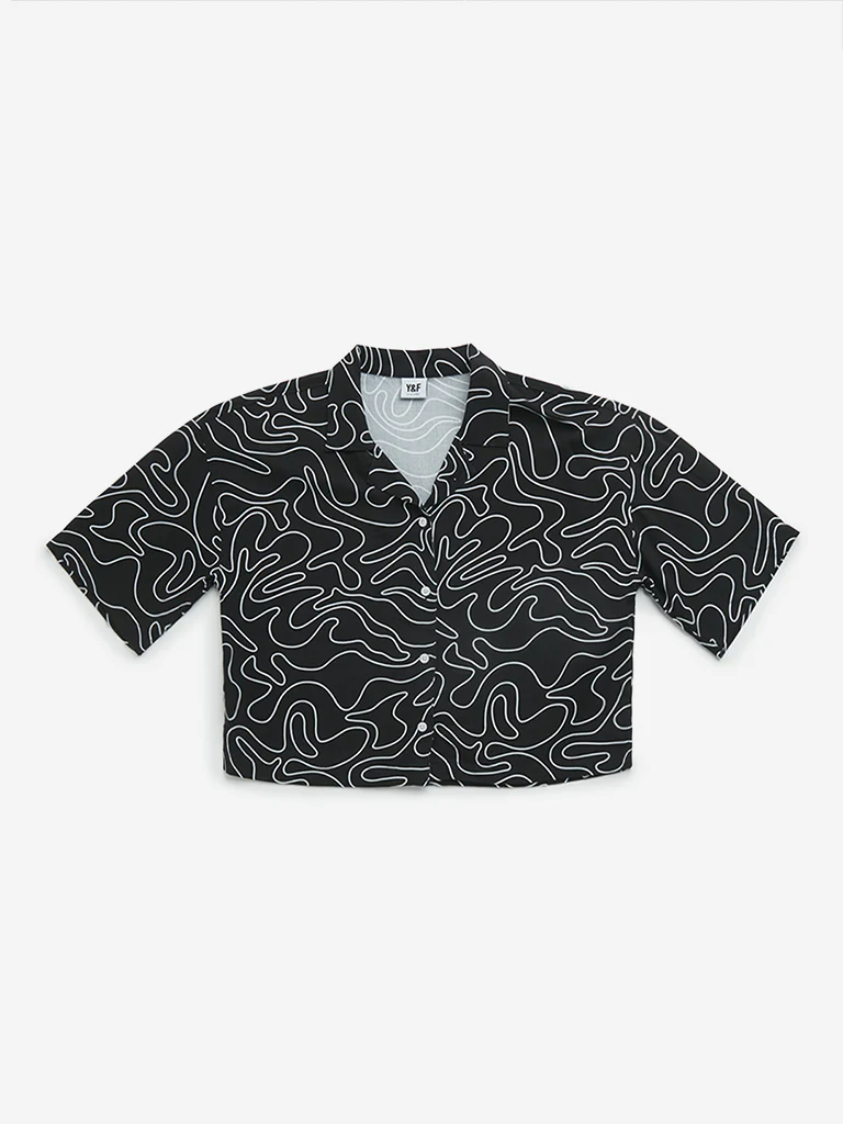Y&F Kids Girls Black Abstract Print Cotton-Blend Cropped Shirt