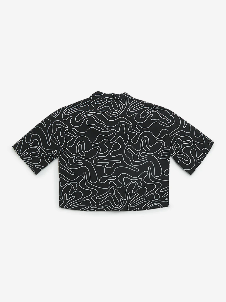 Y&F Kids Girls Black Abstract Print Cotton-Blend Cropped Shirt - Image 3