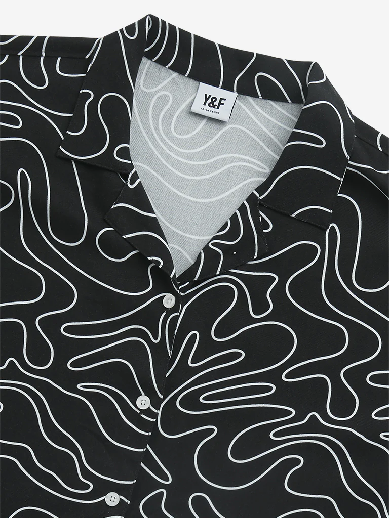 Y&F Kids Girls Black Abstract Print Cotton-Blend Cropped Shirt - Image 4