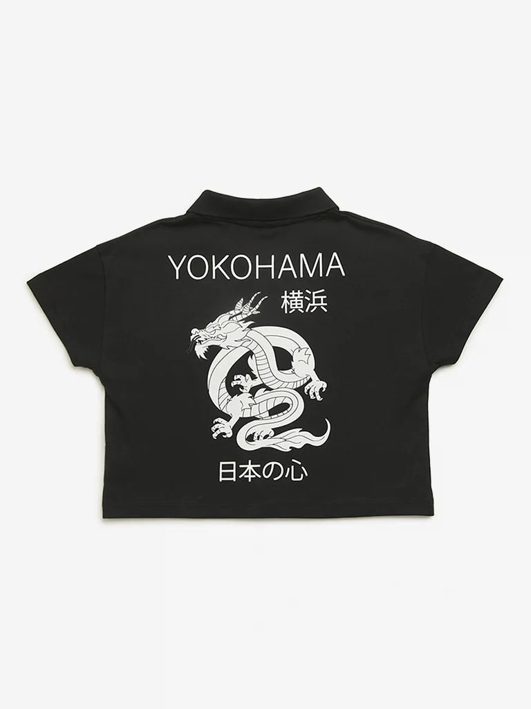 Y&F Kids Girls Black Dragon Design Polo Crop Cotton T-Shirt - Image 3