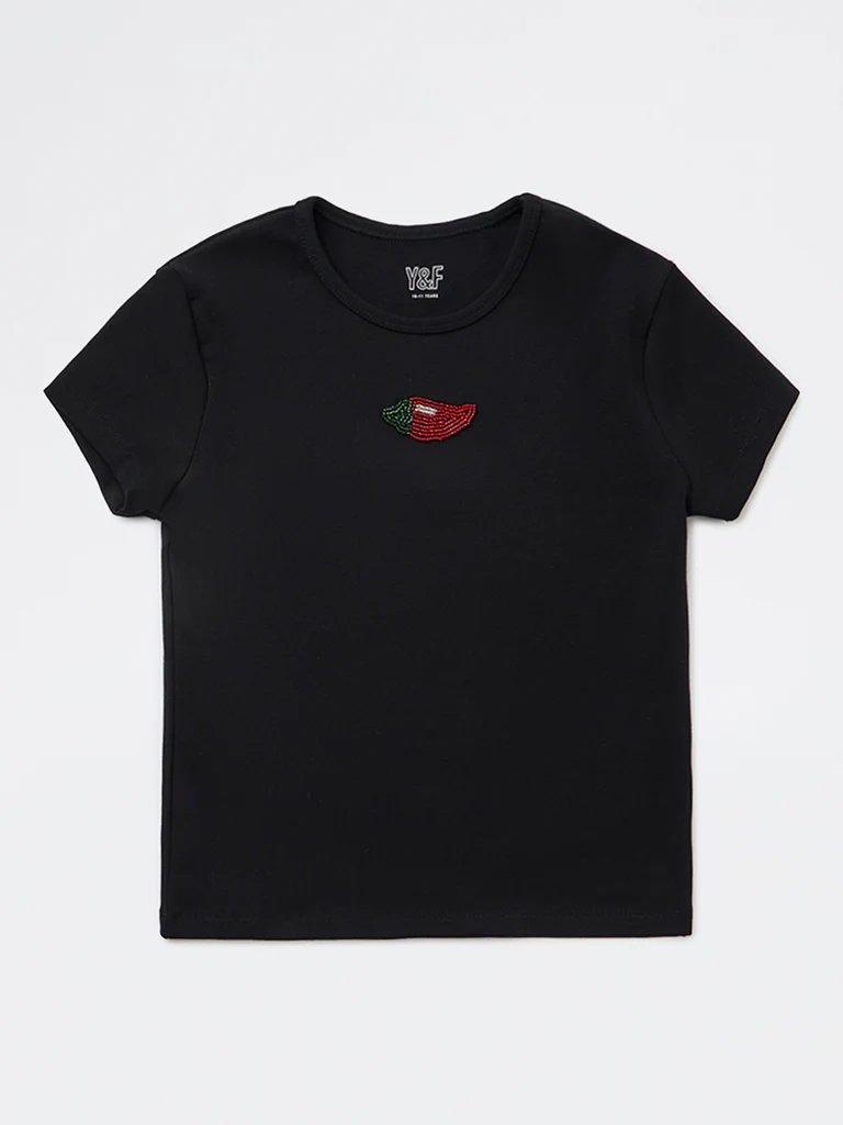 Y&F Kids Girls Black Embroidered Cotton-Blend T-Shirt