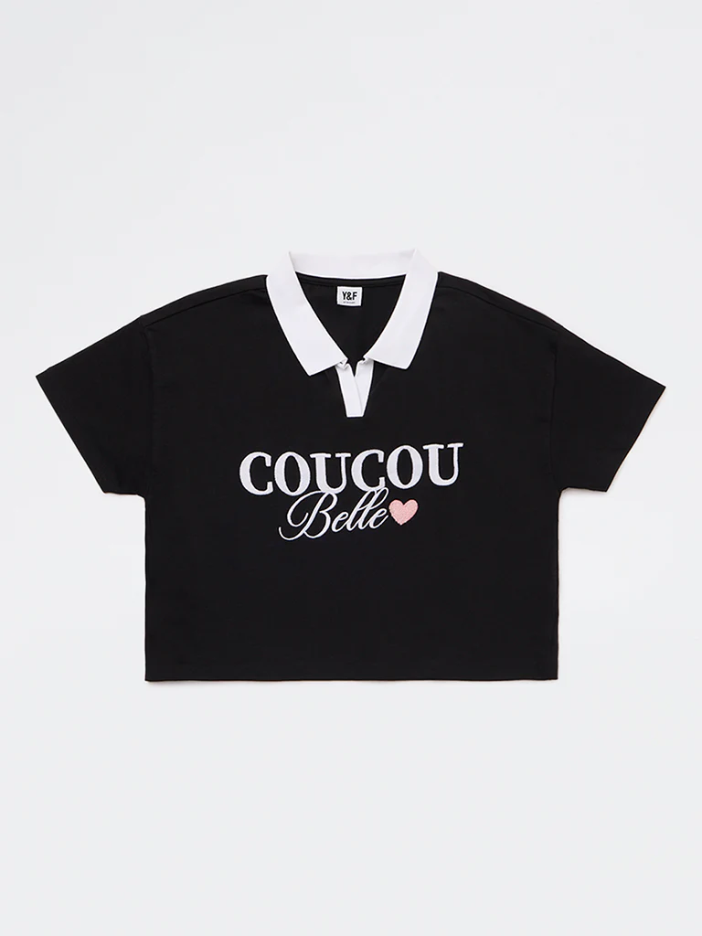 Y&F Kids Girls Black Embroidered Cotton T-Shirt