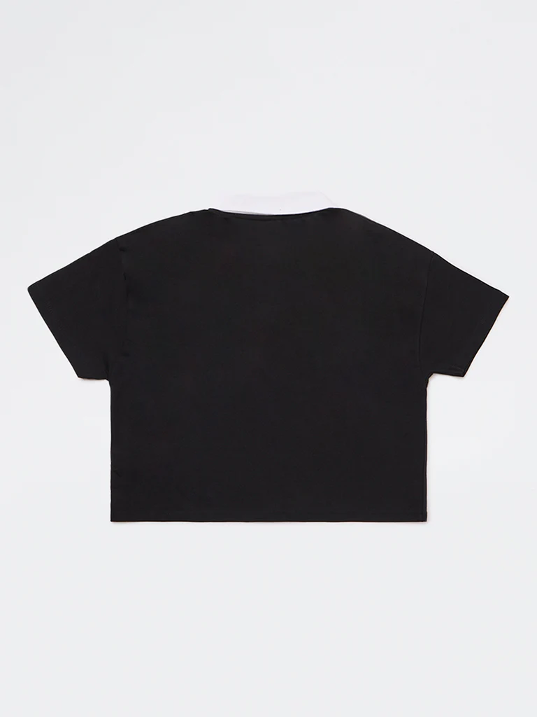 Y&F Kids Girls Black Embroidered Cotton T-Shirt - Image 3