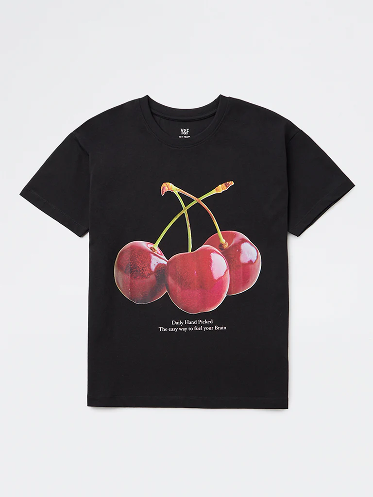 Y&F Kids Girls Black Graphic Printed Cotton T-Shirt - Image 4