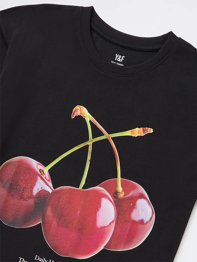 Y&F Kids Girls Black Graphic Printed Cotton T-Shirt - Image 6
