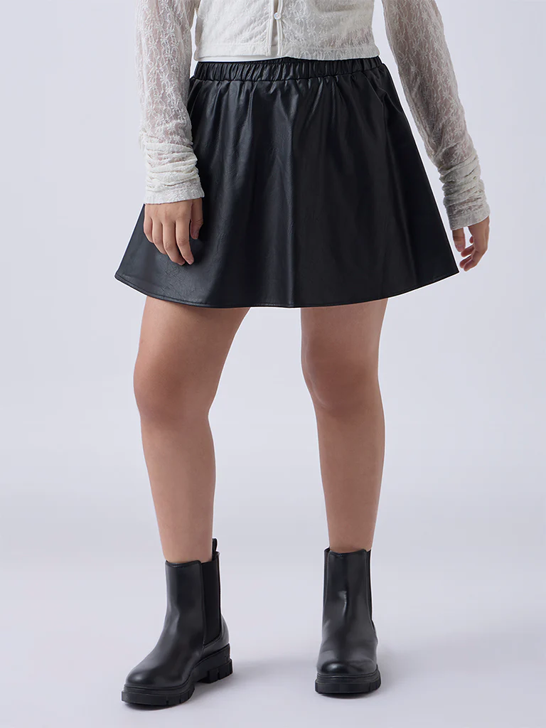 Y&F Kids Girls Black High-Rise Leather Skirt - Image 2