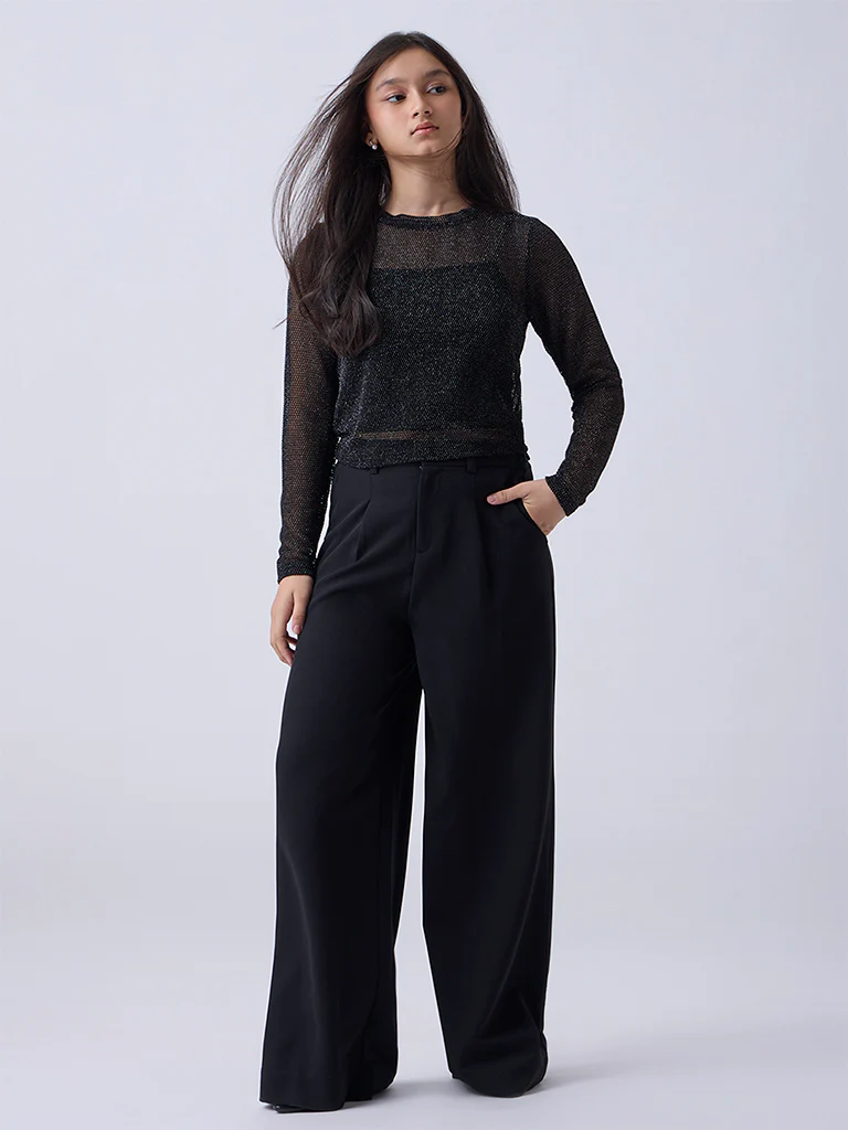 Y&F Kids Girls Black Knit-Textured Top
