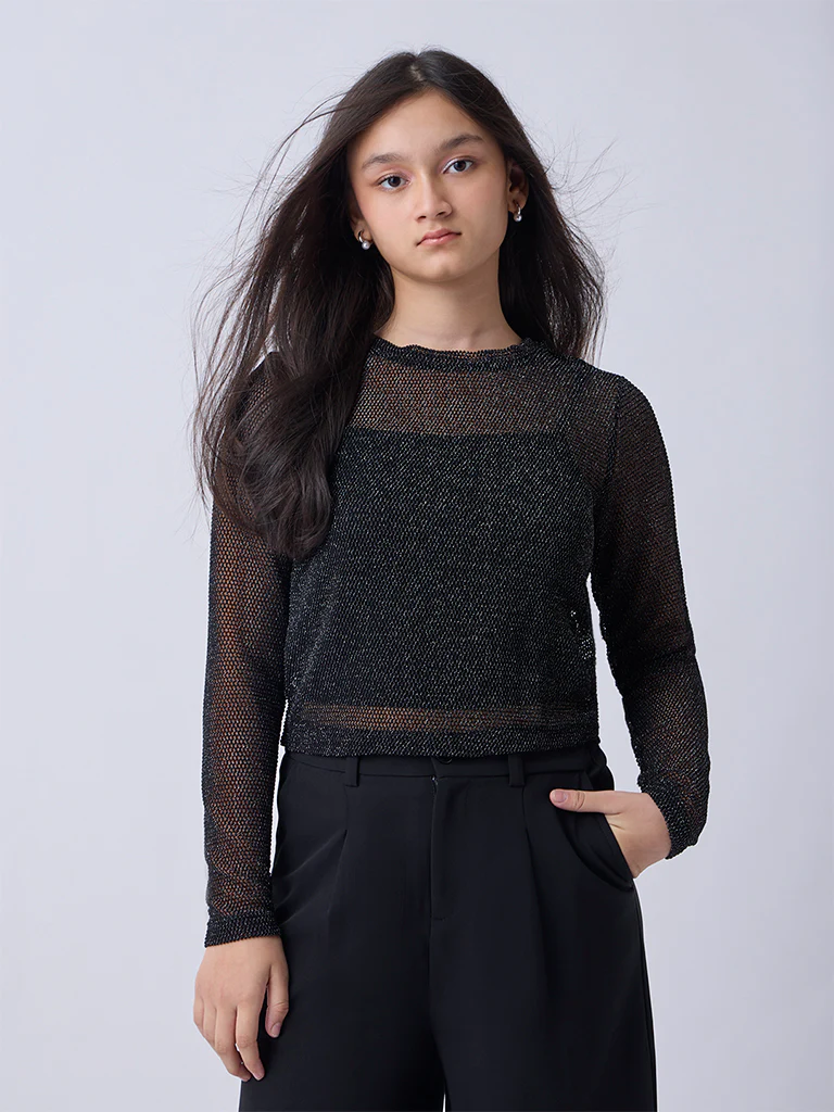 Y&F Kids Girls Black Knit-Textured Top - Image 2
