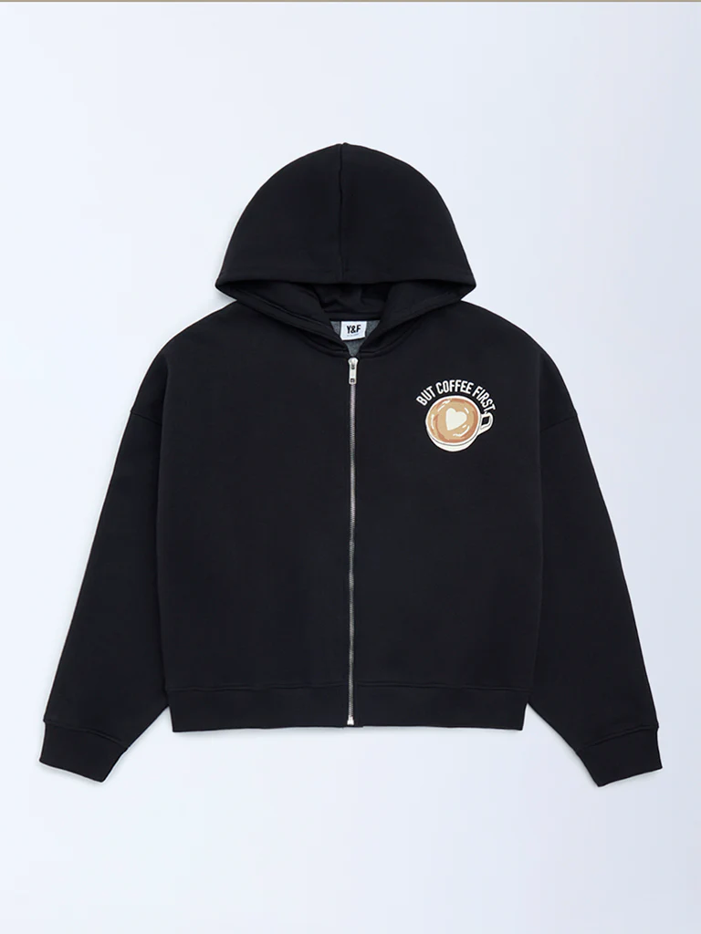 Y&F Kids Girls Black Printed Cotton-Blend Hoodie
