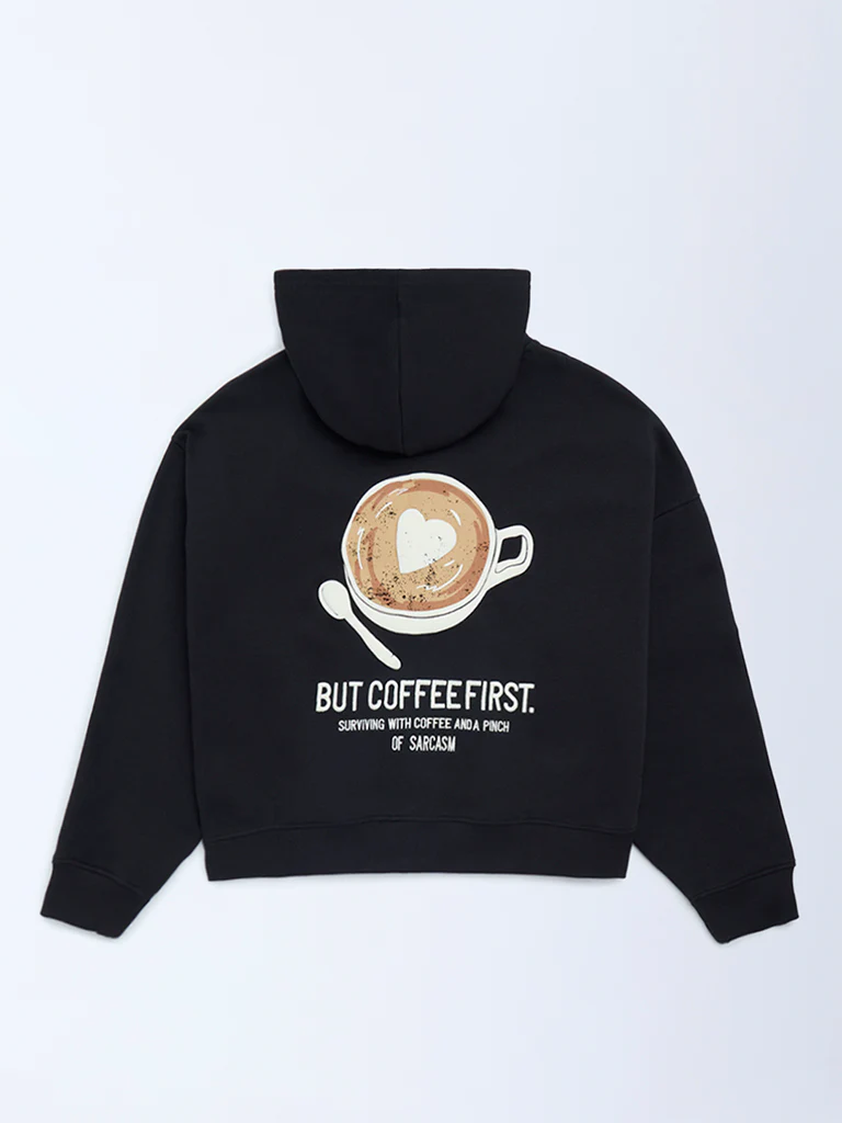 Y&F Kids Girls Black Printed Cotton-Blend Hoodie - Image 3