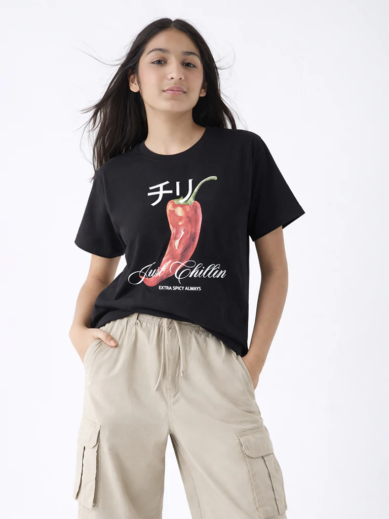 Y&F Kids Girls Black Printed Cotton T-Shirt