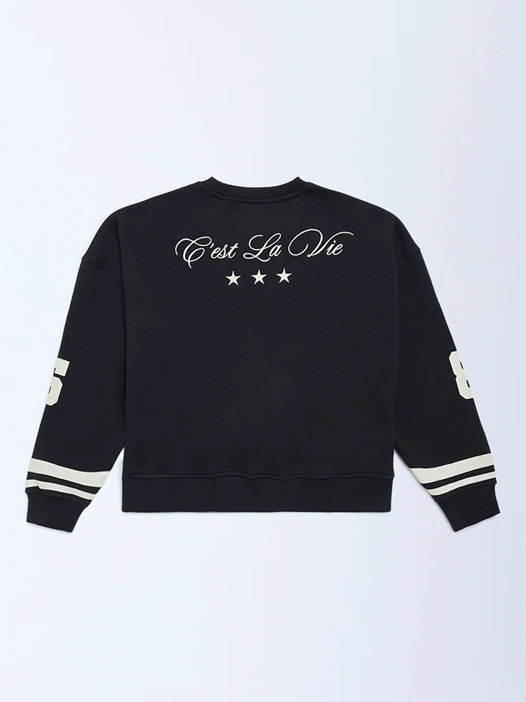 Y&F Kids Girls Black Text Design Cotton-Blend Sweatshirt - Image 2