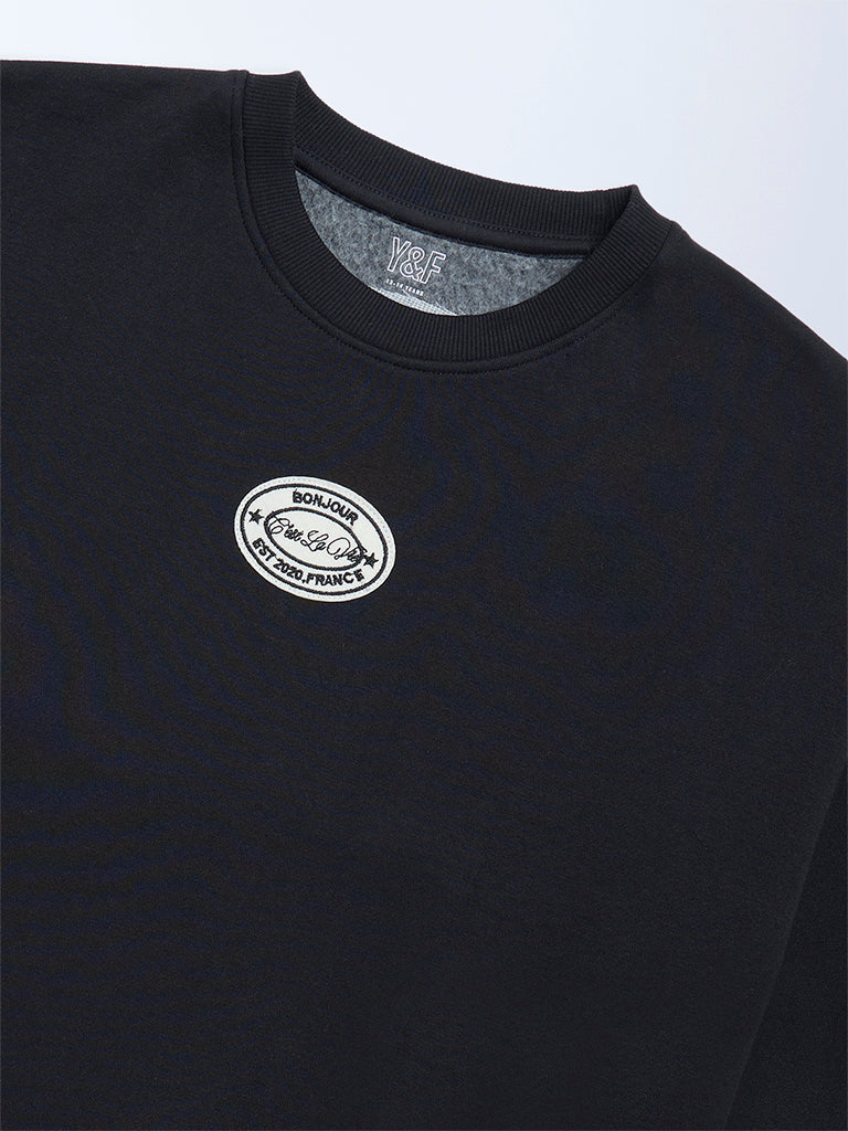 Y&F Kids Girls Black Text Design Cotton-Blend Sweatshirt - Image 3