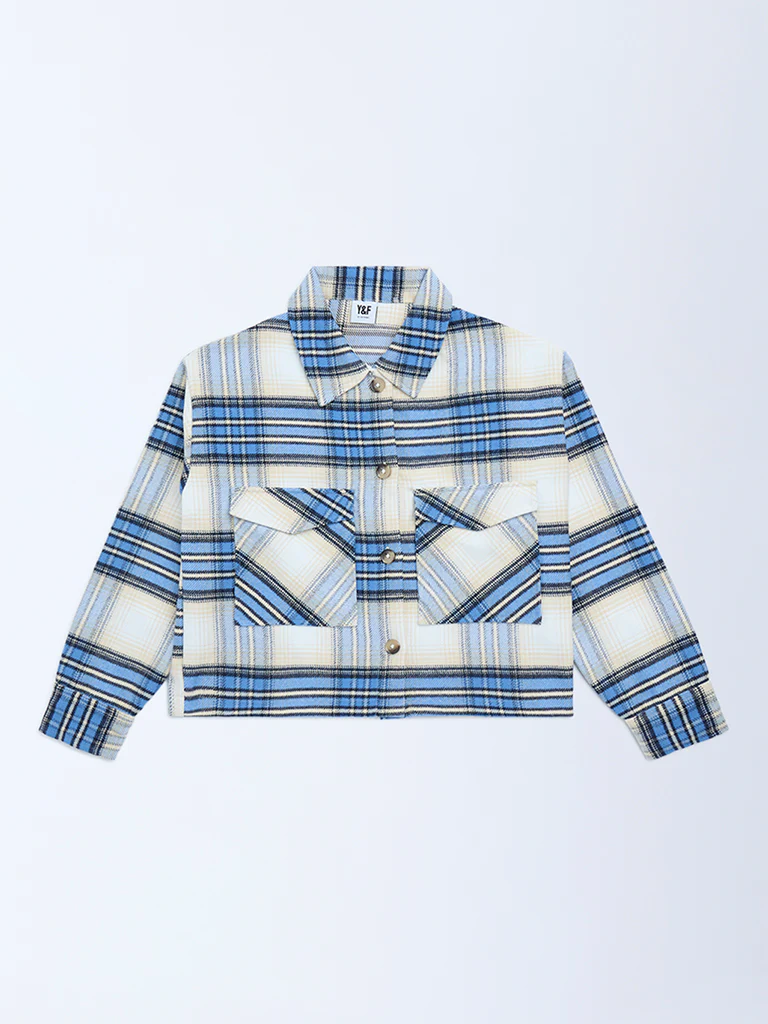 Y&F Kids Girls Blue Check Design Shacket