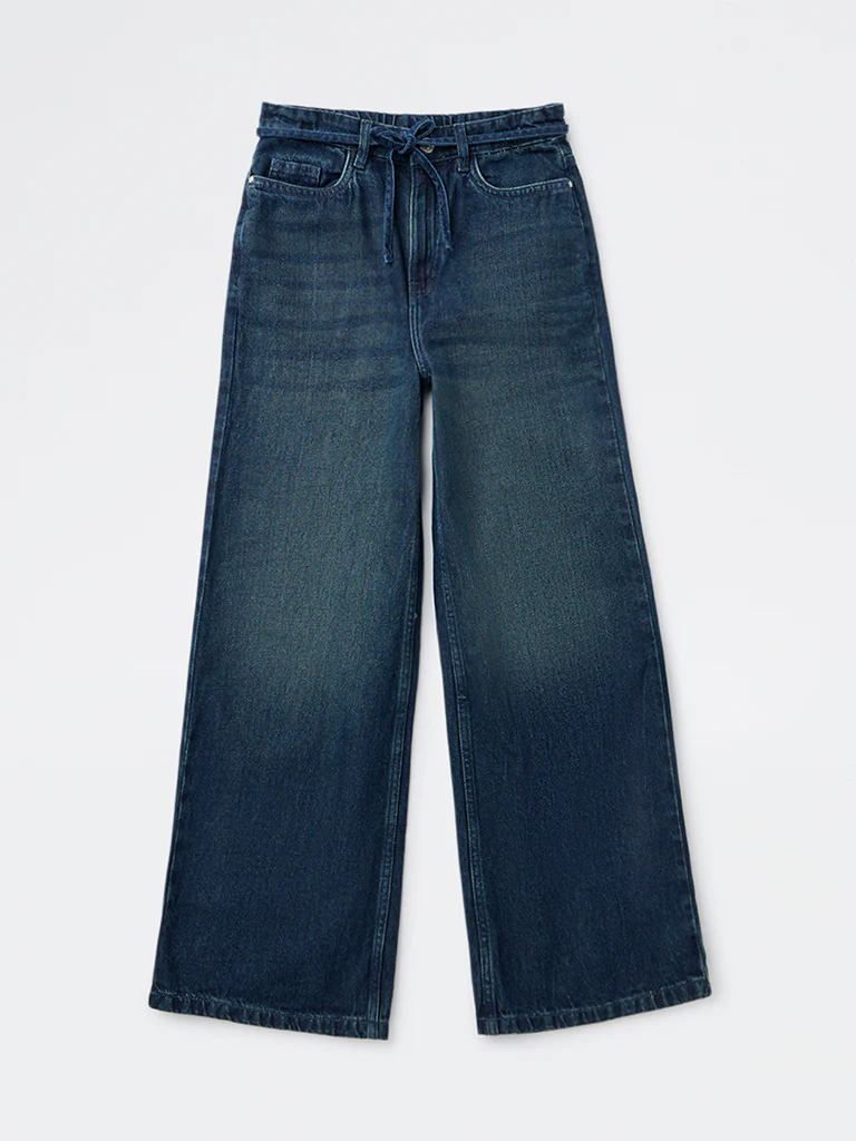 Y&F Kids Girls Blue Dark Wash High-Rise Jeans with Belt