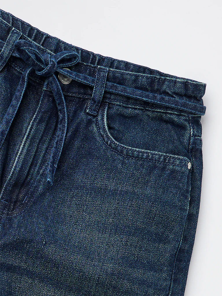 Y&F Kids Girls Blue Dark Wash High-Rise Jeans with Belt - Image 3