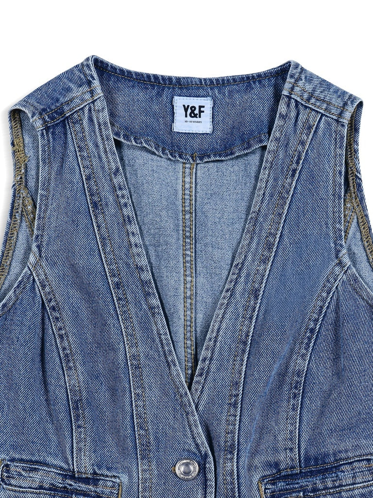 Y&F Kids Girls Blue Denim Waistcoat - Image 5