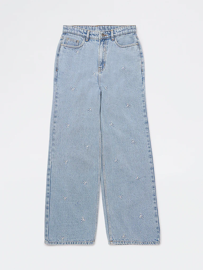 Y&F Kids Girls Blue Embroidered High-Rise Jeans - Image 3