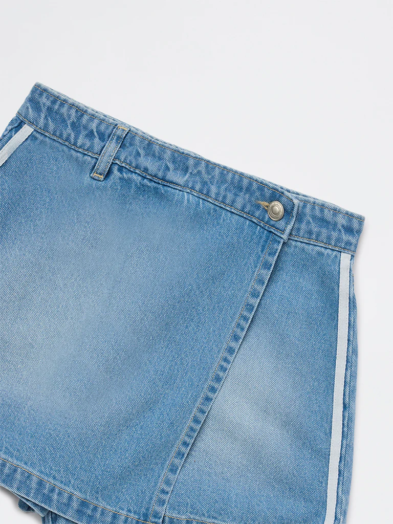 Y&F Kids Girls Blue Faded High-Rise Denim Skorts - Image 3