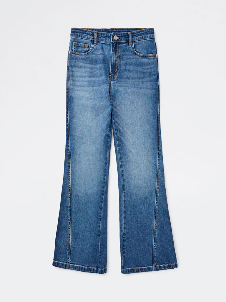 Y&F Kids Girls Blue High-Rise Cotton-Blend Flared Jeans
