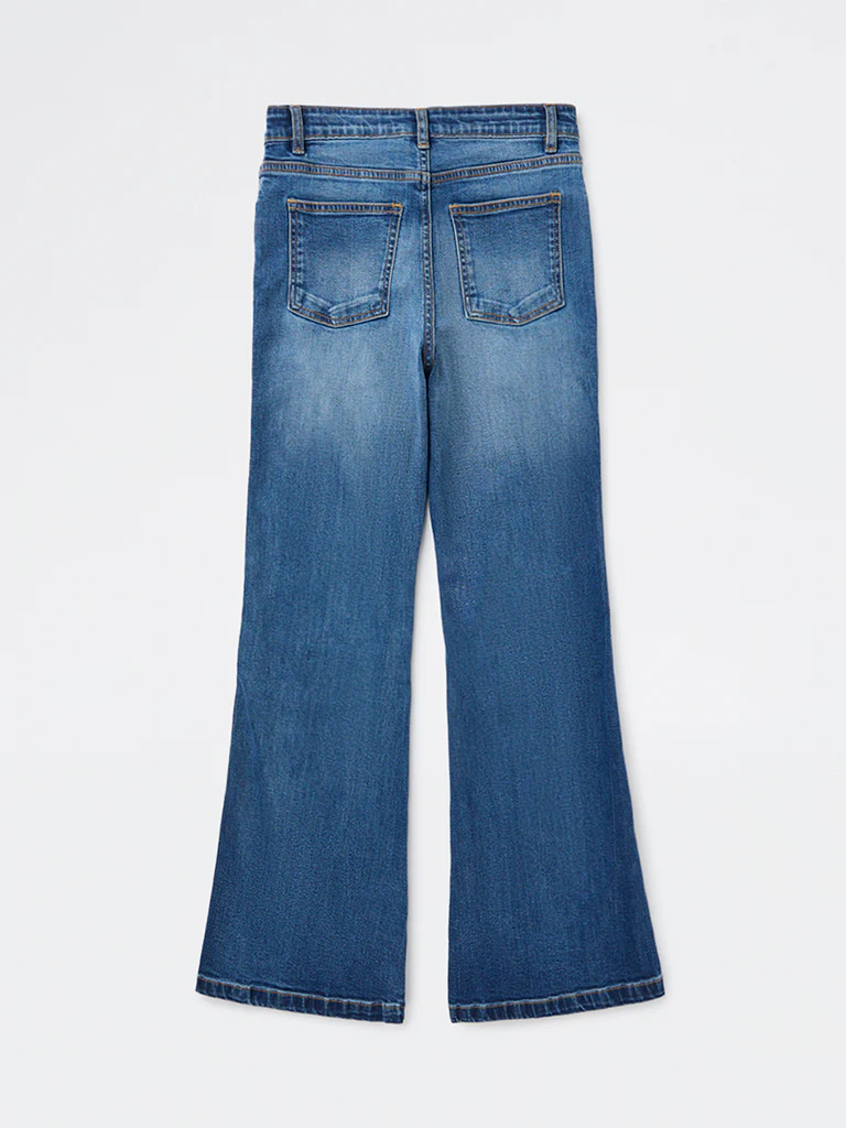Y&F Kids Girls Blue High-Rise Cotton-Blend Flared Jeans - Image 2