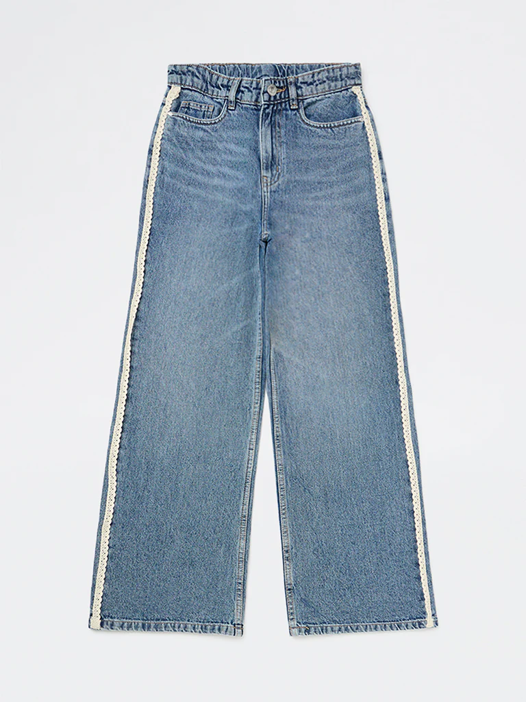 Y&F Kids Girls Blue Lace-Detailed High-Rise Relaxed-Fit Jeans - Image 3