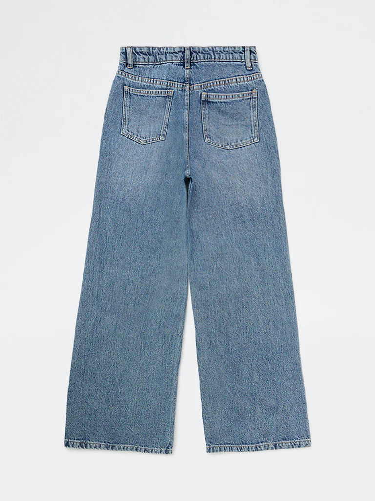Y&F Kids Girls Blue Lace-Detailed High-Rise Relaxed-Fit Jeans - Image 4
