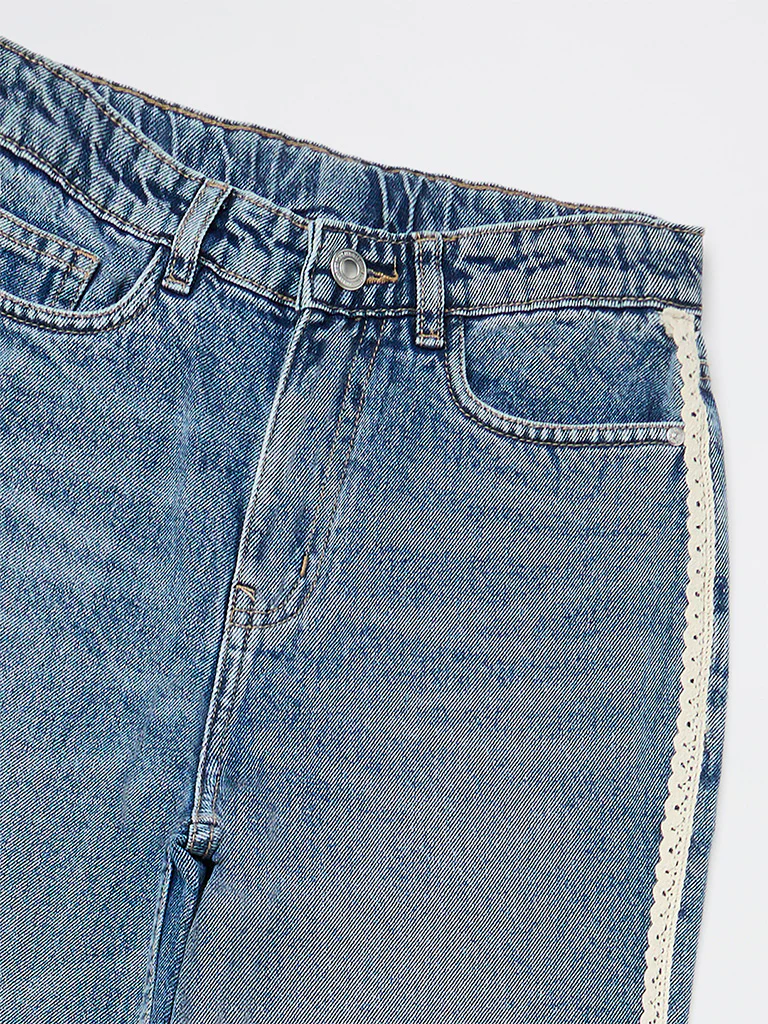 Y&F Kids Girls Blue Lace-Detailed High-Rise Relaxed-Fit Jeans - Image 5