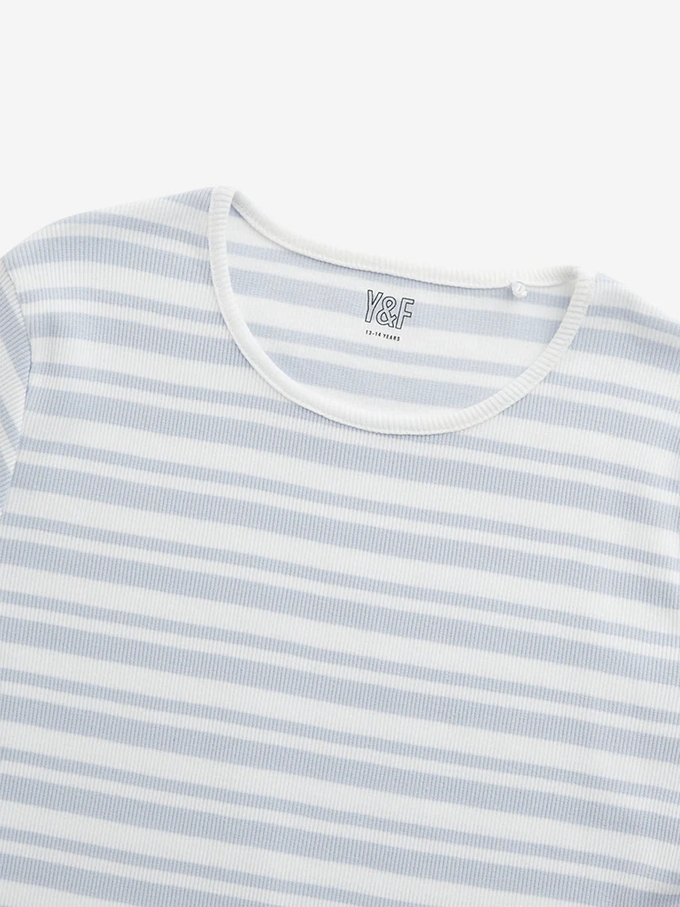 Y&F Kids Girls Blue Stripe Printed Cotton T-Shirt - Image 4