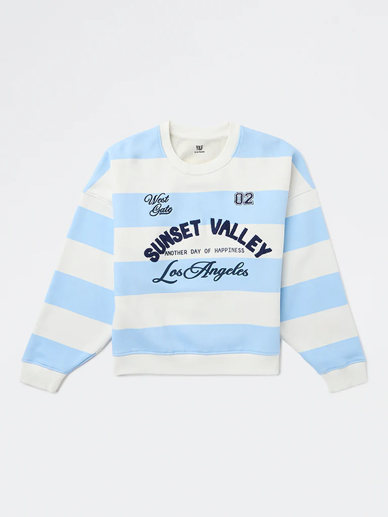 Y&F Kids Girls Blue Striped Cotton-Blend Sweatshirt