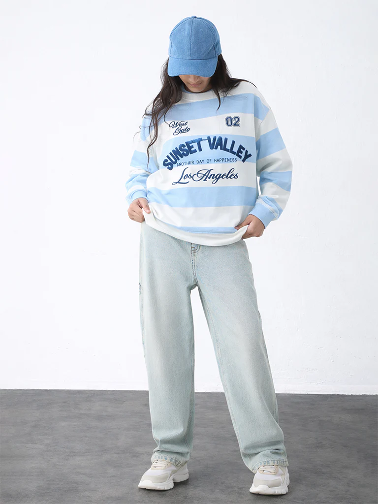 Y&F Kids Girls Blue Striped Cotton-Blend Sweatshirt - Image 4