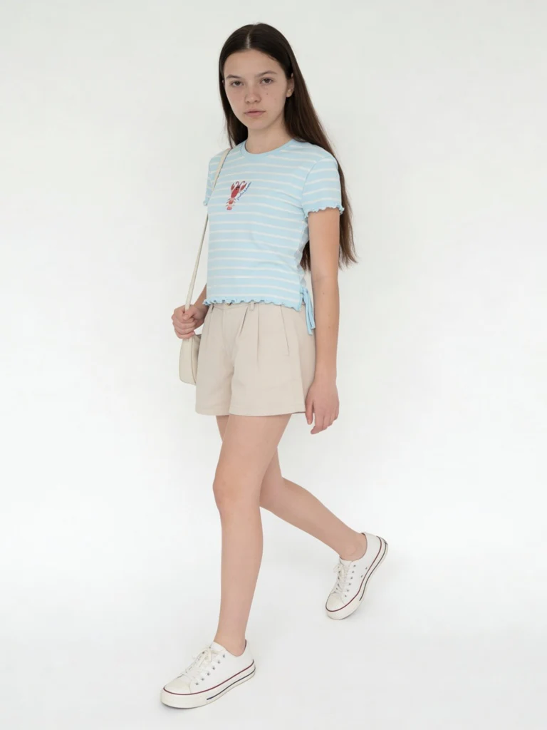 Y&F Kids Girls Blue Striped Cotton-Blend T-Shirt