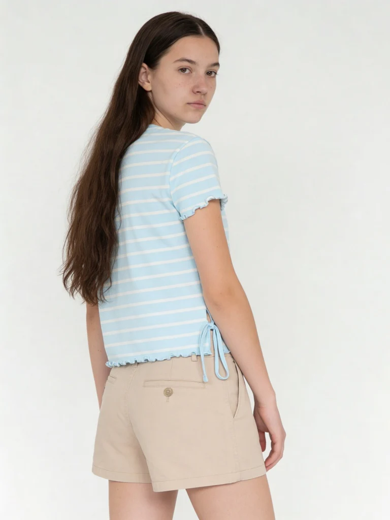 Y&F Kids Girls Blue Striped Cotton-Blend T-Shirt - Image 3