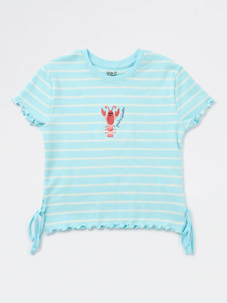 Y&F Kids Girls Blue Striped Cotton-Blend T-Shirt - Image 4